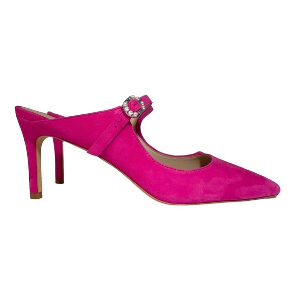 STUART WEITZMAN Women's Fuchsia Hot Pink Suede Heeled Mules Beaded Buckle 8.5 - Picture 4 of 12